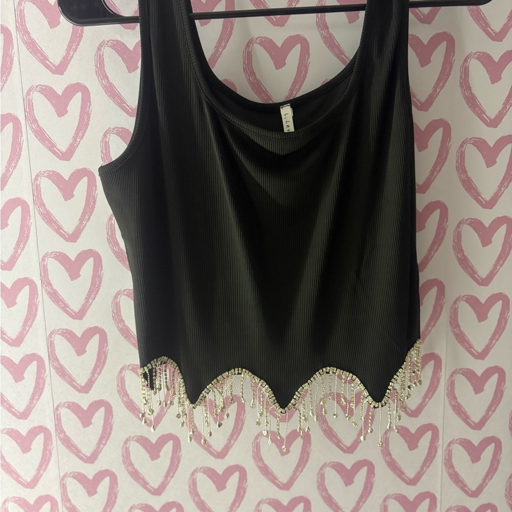 Black Beaded Fringe Tank Top